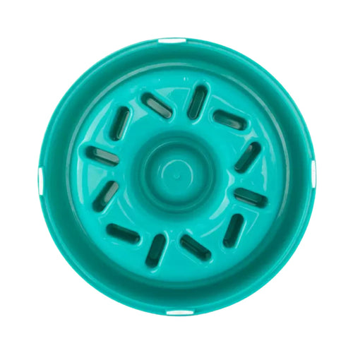ZippyPaws Happy Bowl Donut slow feed bowl in teal, showing the non-slip base pads around the rim