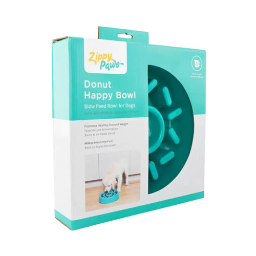 Angled view of the ZippyPaws Happy Bowl Donut slow feed bowl packaging box