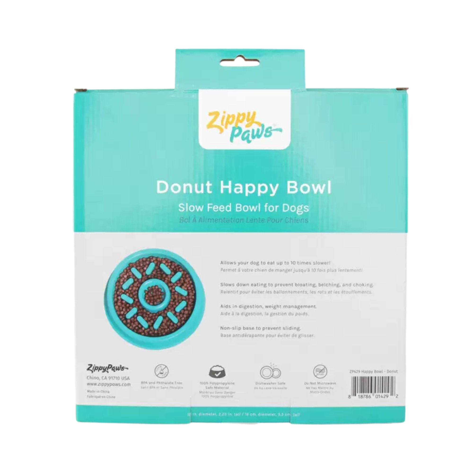 Back of the ZippyPaws Happy Bowl Donut packaging listing key features and care instructions