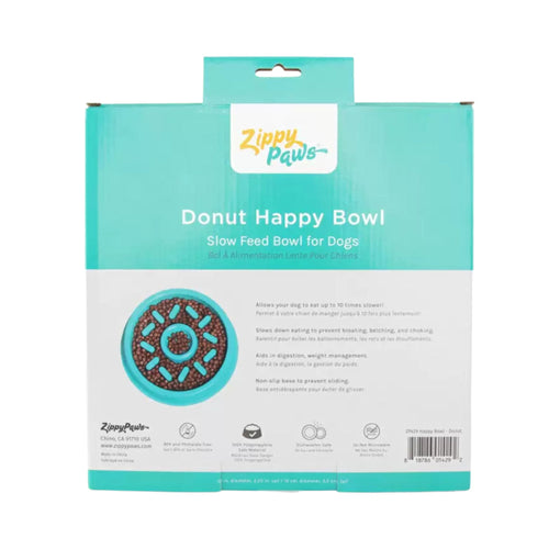 Back of the ZippyPaws Happy Bowl Donut packaging listing key features and care instructions