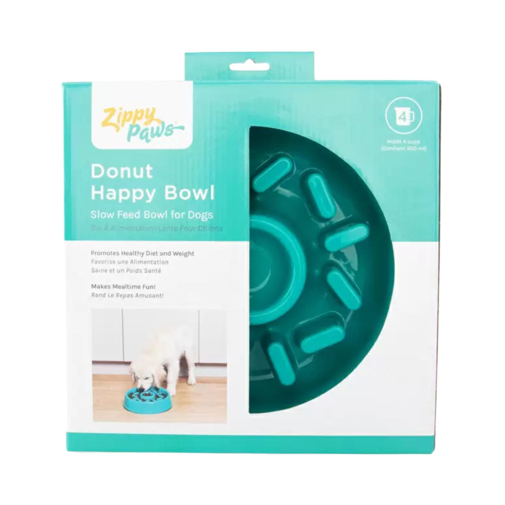 Front of the ZippyPaws Happy Bowl Donut slow feed bowl packaging