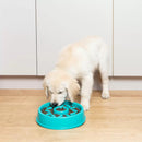 Golden Retriever puppy eating from the ZippyPaws Happy Bowl Donut slow feed bowl on a timber floor