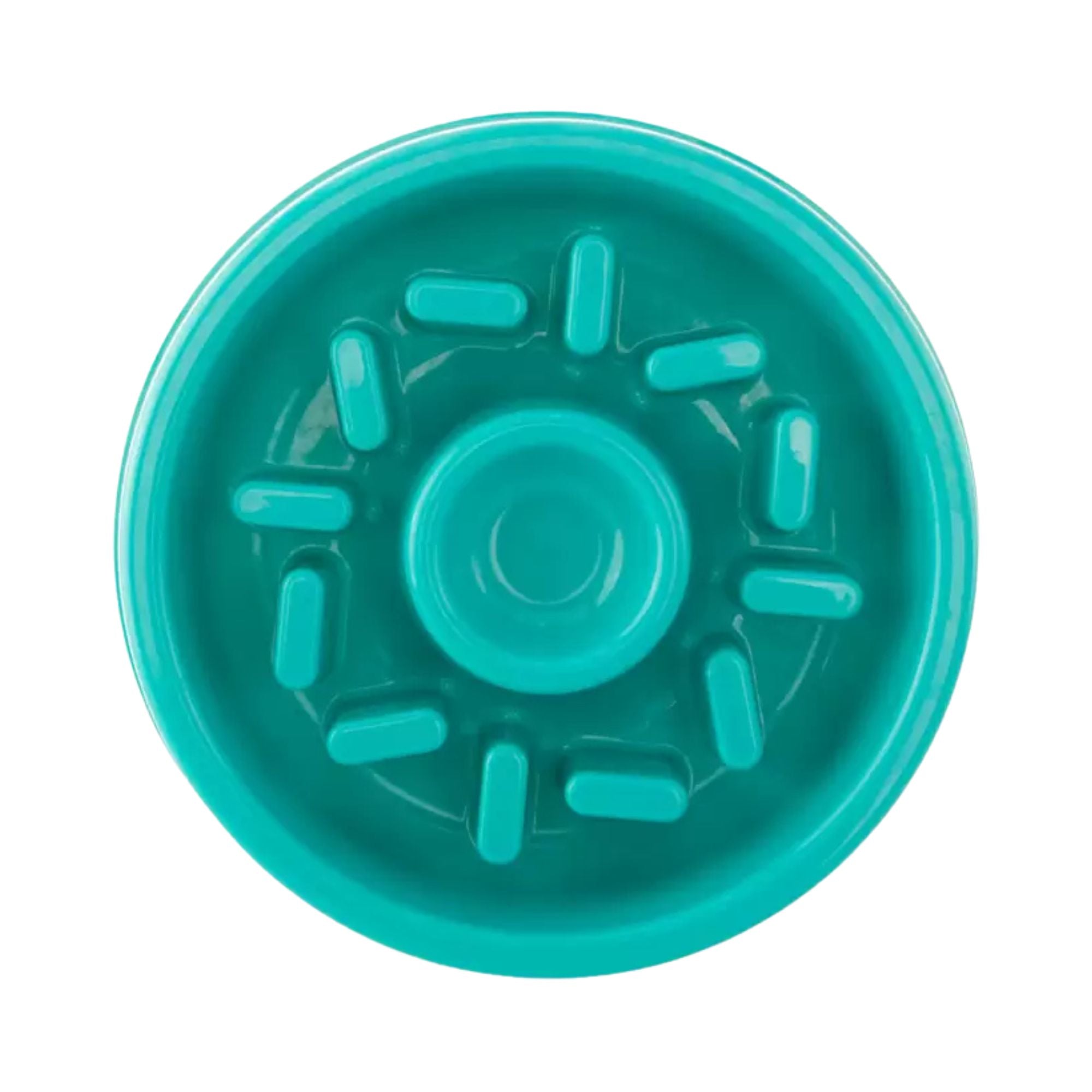 ZippyPaws Happy Bowl Donut slow feed bowl in teal, viewed from above showing the raised maze design