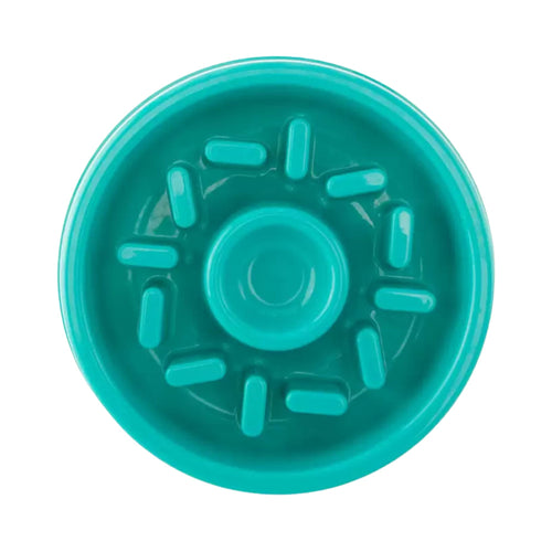 ZippyPaws Happy Bowl Donut slow feed bowl in teal, viewed from above showing the raised maze design