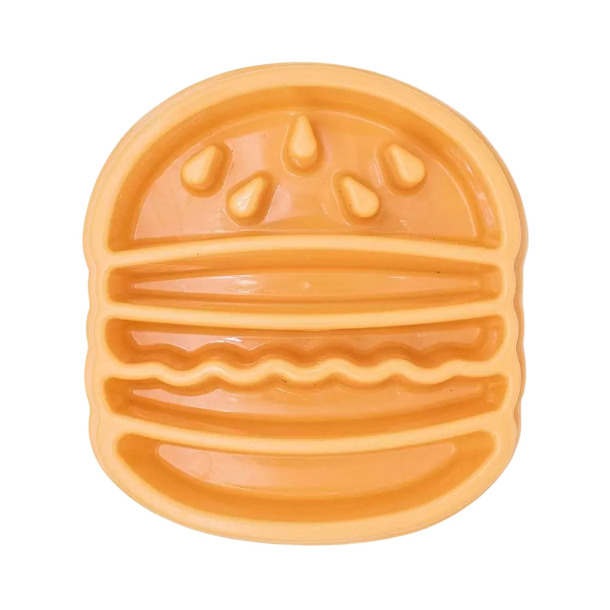 ZippyPaws Happy Bowl Hamburger slow feed dog bowl shown empty, with a raised maze-style hamburger design.