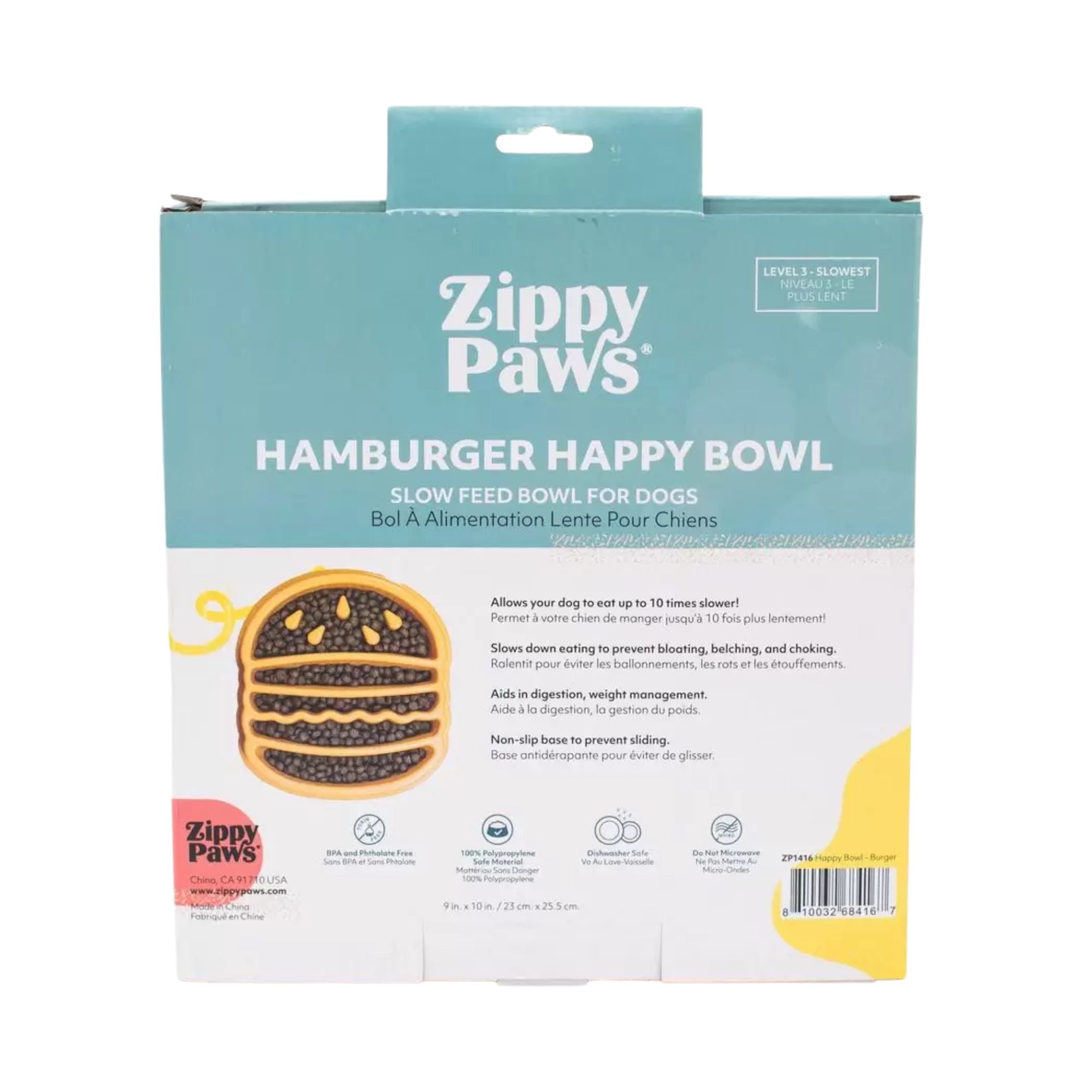 Back of ZippyPaws Happy Bowl Hamburger packaging, listing product features and dishwasher-safe, BPA-free materials.