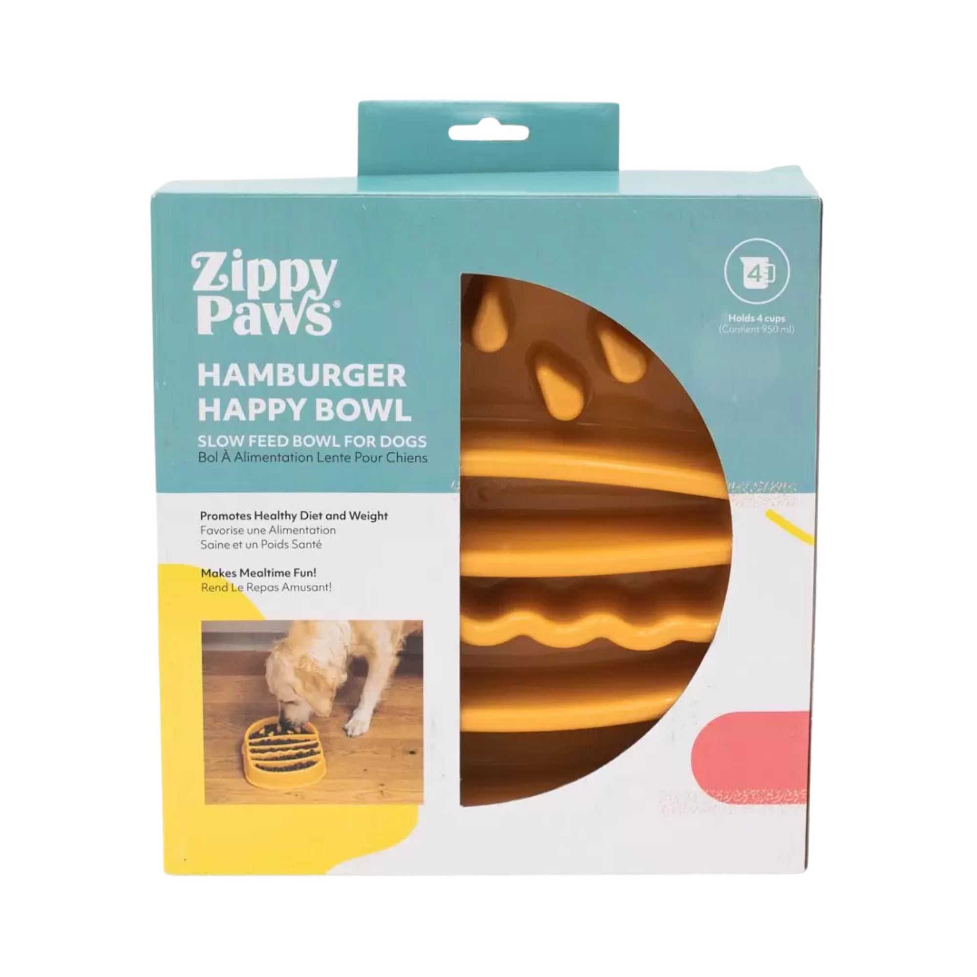 Front of ZippyPaws Happy Bowl Hamburger packaging, showing the slow feed dog bowl and a dog eating from it.