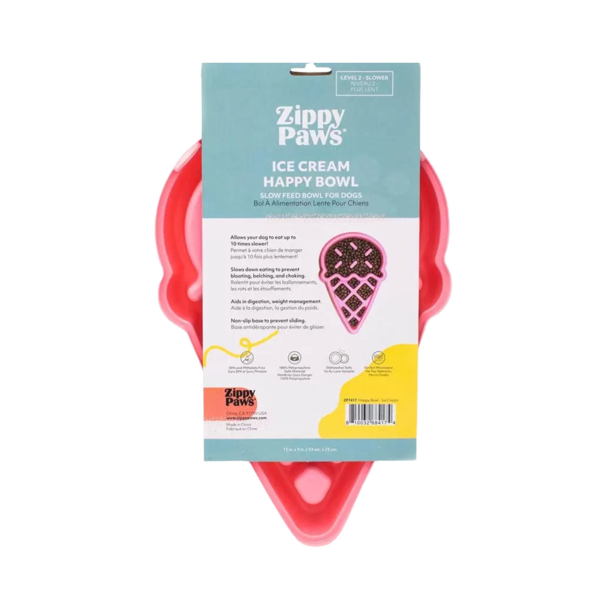 Back of ZippyPaws Happy Bowl Ice Cream packaging, listing slow feed bowl features and care instructions