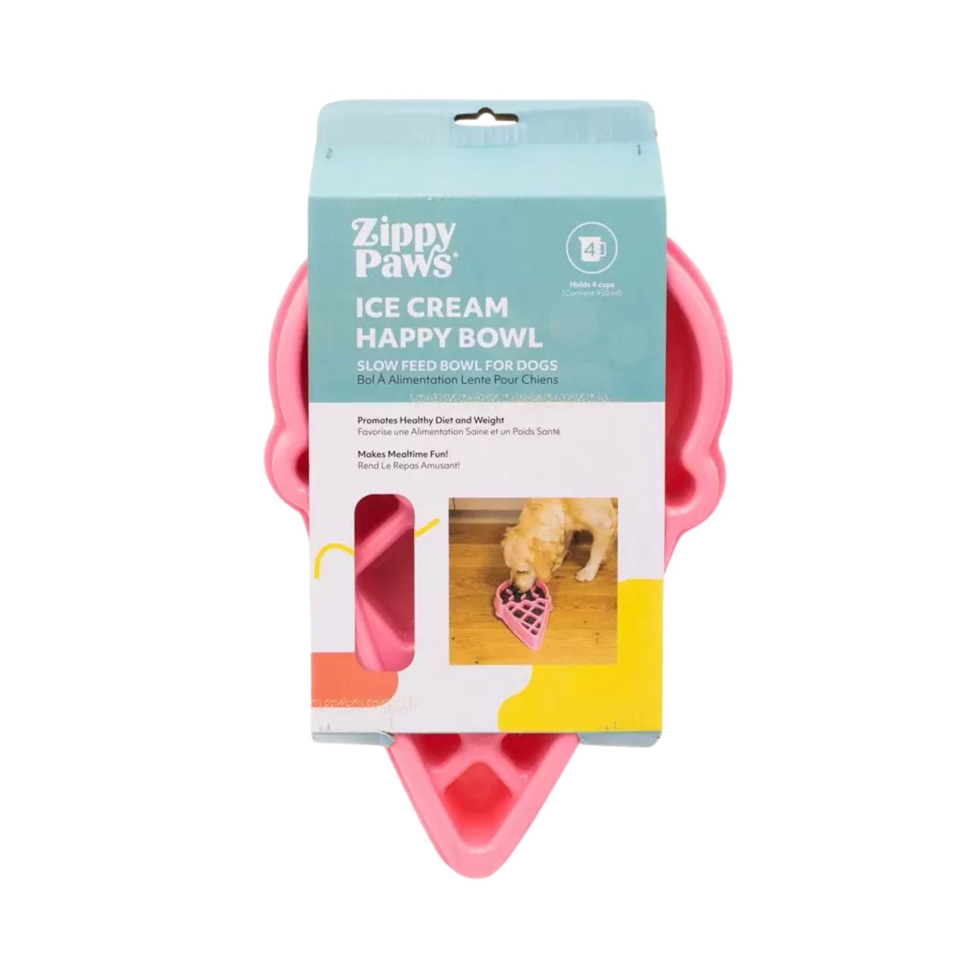 Front of ZippyPaws Happy Bowl Ice Cream packaging, slow feed bowl for dogs, holds 4 cups