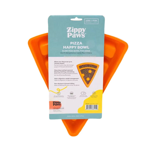 Back of ZippyPaws Happy Bowl Pizza packaging listing slow feed, BPA-free and dishwasher-safe features.