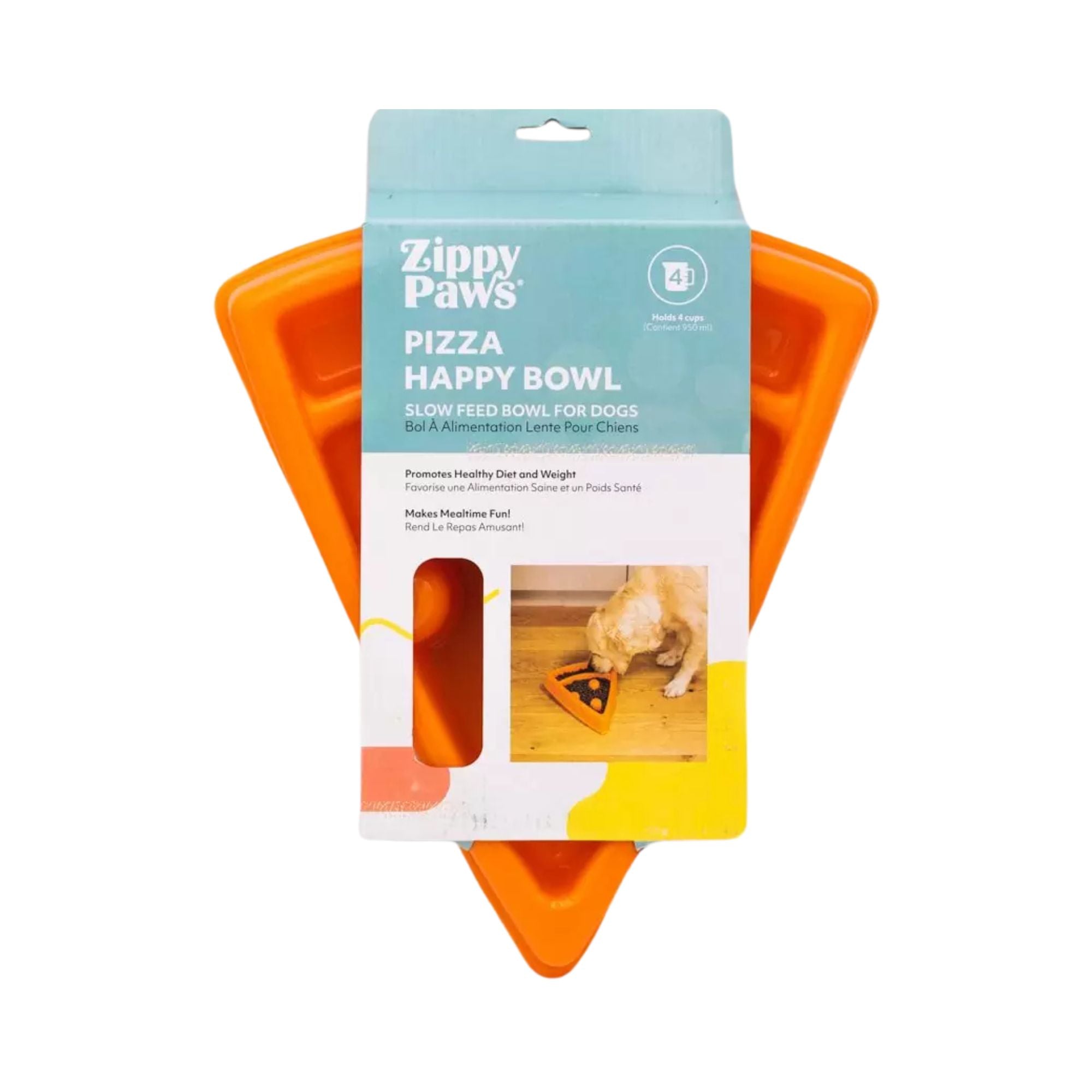 ZippyPaws Happy Bowl Pizza slow-feed dog bowl in orange, shown in retail packaging with a dog eating from it.