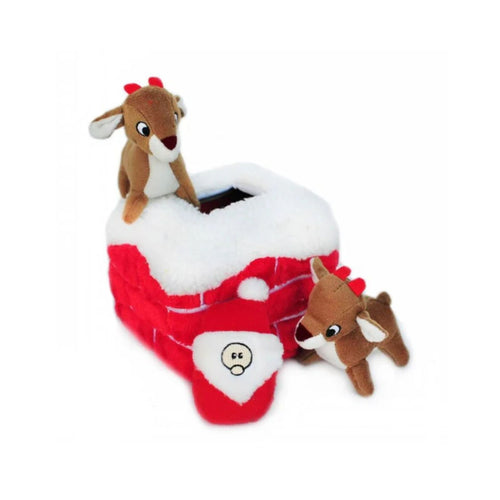 Close-up of the ZippyPaws plush chimney dog toy, showcasing holiday colours and adorable characters.