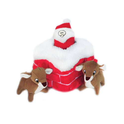 ZippyPaws Holiday Burrow Chimney dog toy with squeaky Santa and two reindeer inside a plush red and white chimney.