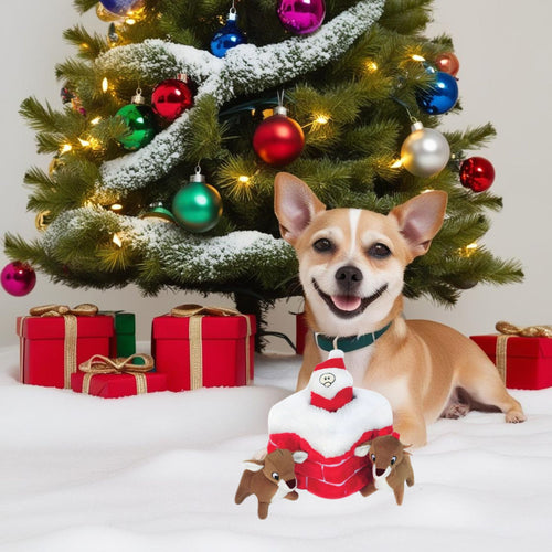Christmas-themed dog toy with squeaky Santa and reindeer designed for engaging indoor play.
