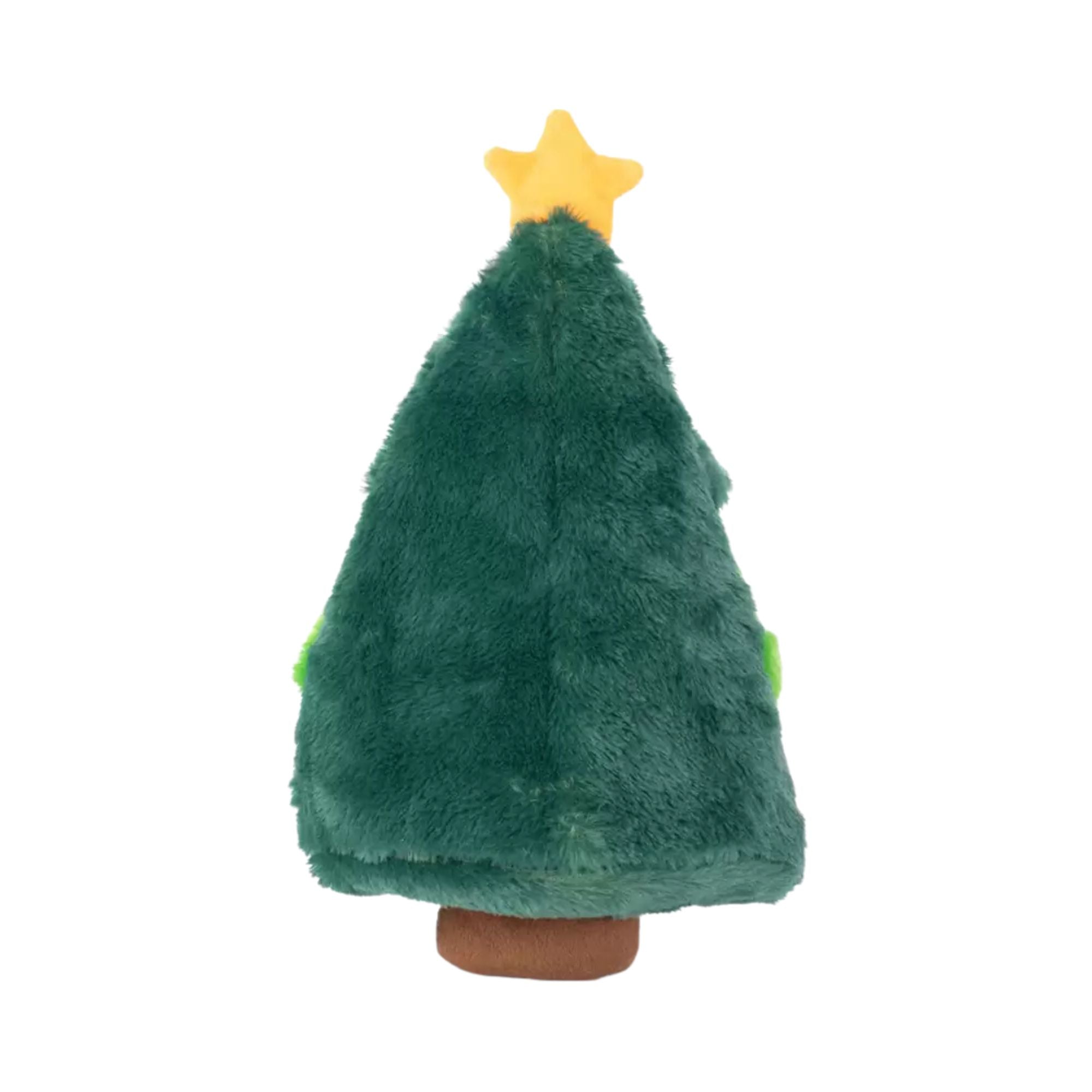 Back view of the ZippyPaws Holiday Burrow Christmas Tree dog toy showing the plain green plush exterior and star topper