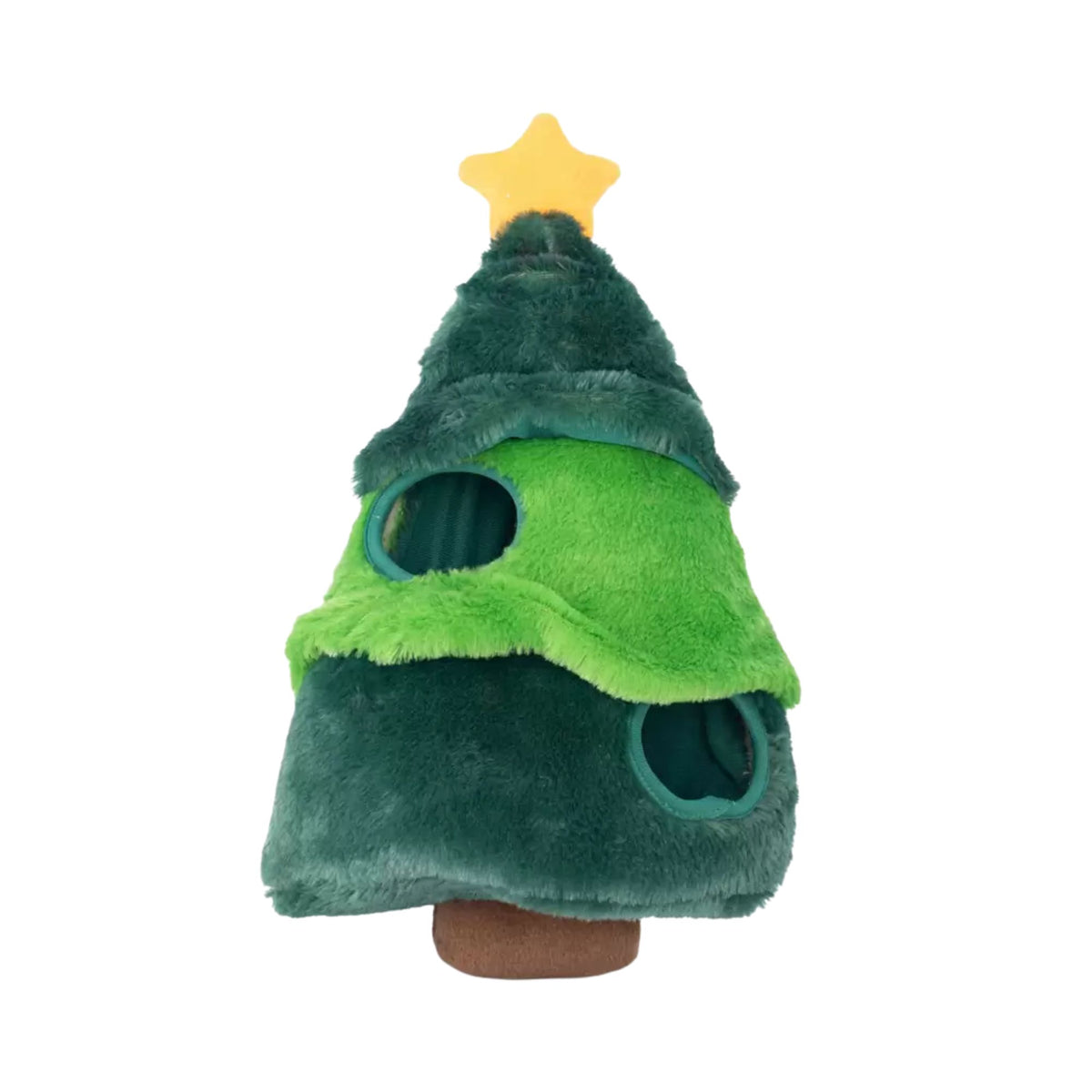 Front view of the ZippyPaws Holiday Burrow Christmas Tree dog toy with 2 round burrow holes for hiding the Ornament Miniz