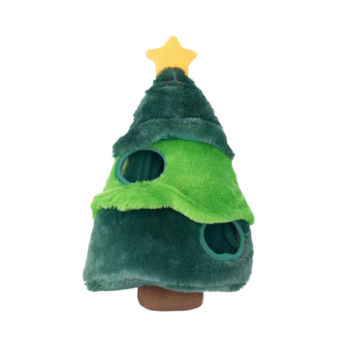 Front view of the ZippyPaws Holiday Burrow Christmas Tree dog toy with 2 round burrow holes for hiding the Ornament Miniz