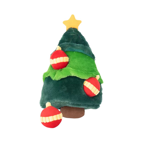 ZippyPaws Holiday Burrow Christmas Tree dog toy in green plush with a yellow star topper and 3 Ornament Miniz tucked into its branches