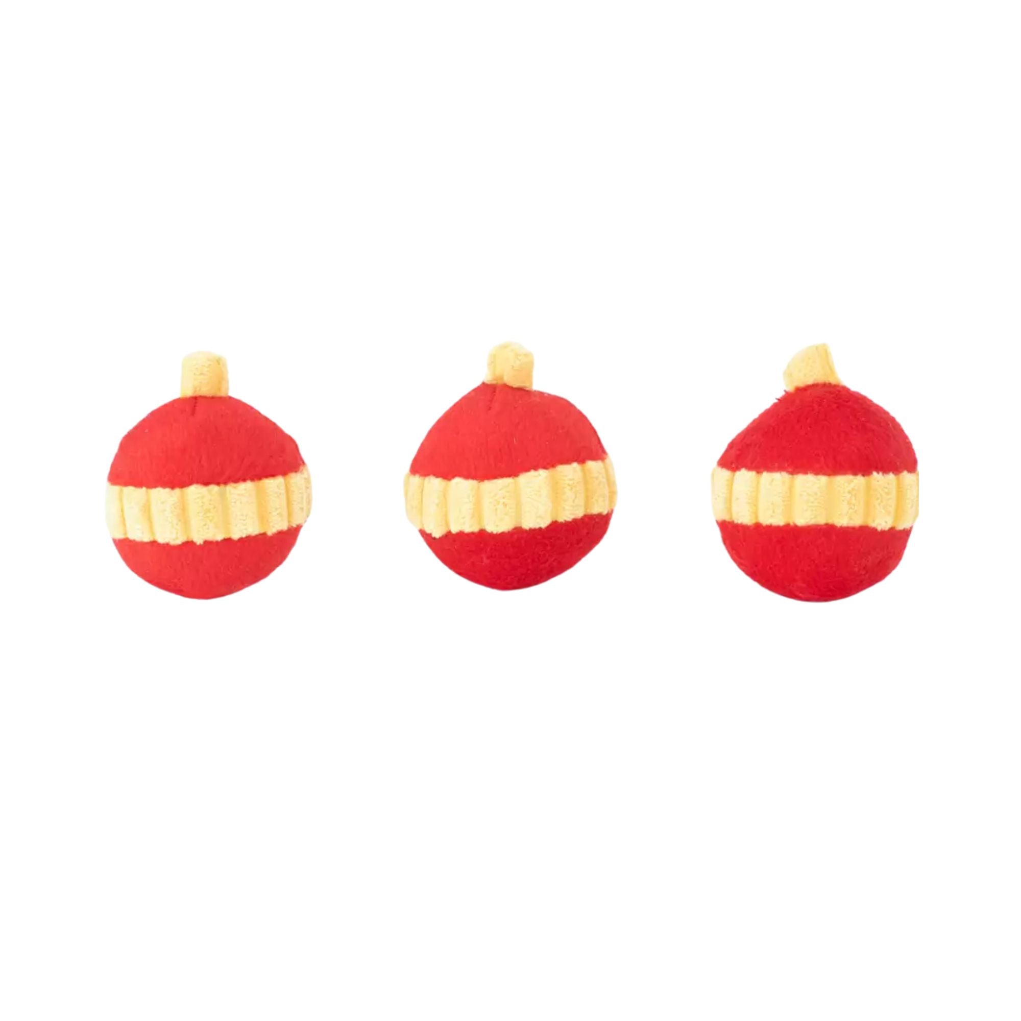 Three red and gold Ornament Miniz squeaky plush pieces from the ZippyPaws Holiday Burrow Christmas Tree dog toy