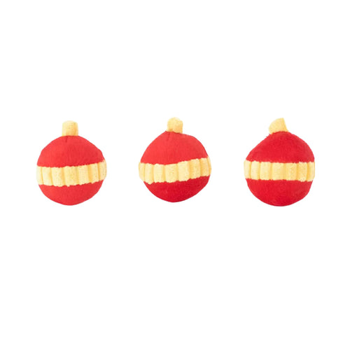 Three red and gold Ornament Miniz squeaky plush pieces from the ZippyPaws Holiday Burrow Christmas Tree dog toy