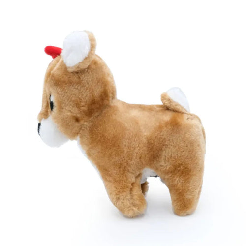 Side view of the ZippyPaws Holiday Reindeer Dog Toy highlighting its compact 20 x 20 x 10 cm size and durable stitching.