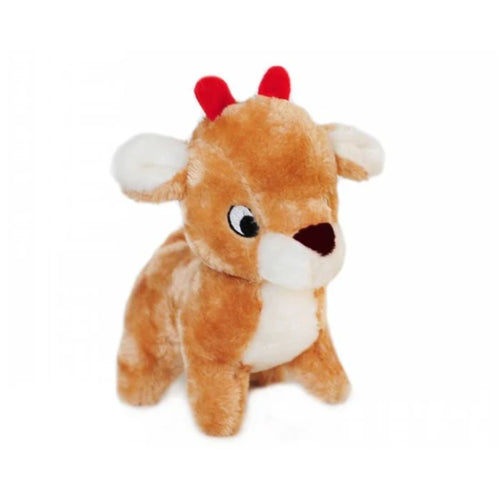Front angle view of the ZippyPaws Holiday Reindeer Dog Toy showcasing its festive brown and white plush design with visible squeakers.