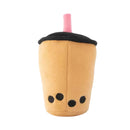 A ZippyPaws NomNomz Boba Milk Tea Plush Dog Toy, featuring a brown body, black lid, pink straw, and three black bubble dots on the back, isolated on a white background.