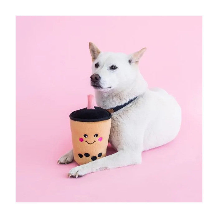 Dog with a ZippyPaws NomNomz Boba Milk Squeaky Plush Dog Toy