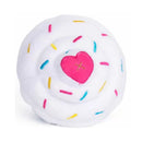 Top-down view of the blue NomNomz Cupcake toy's white frosting swirl with a pink heart and coloured sprinkles.