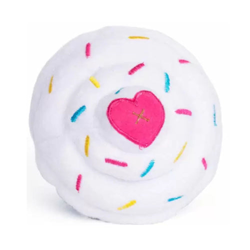 Top-down view of the blue NomNomz Cupcake toy's white frosting swirl with a pink heart and coloured sprinkles.