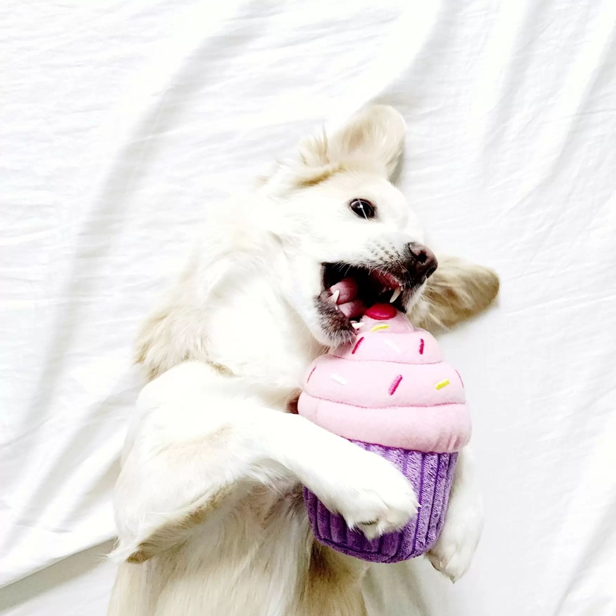 A dog biting into the pink NomNomz Cupcake plush toy with a purple base while lying on a white bedsheet.