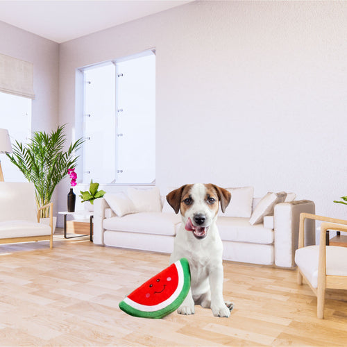 Puppy sitting beside the ZippyPaws NomNomz Watermelon plush dog toy on a living room floor