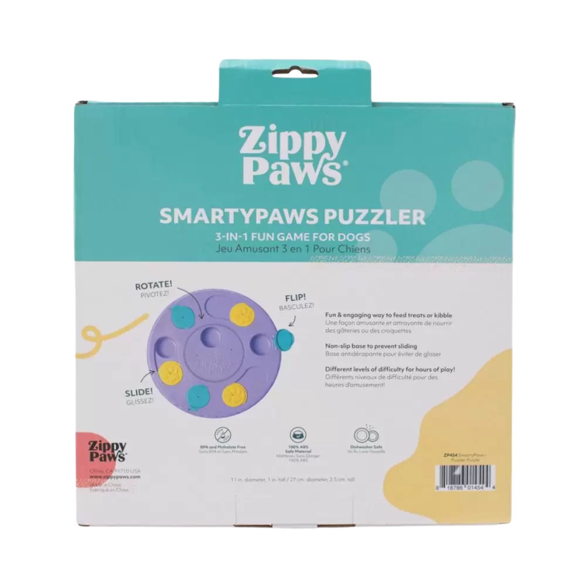 ZippyPaws SmartyPaws Puzzler packaging back, purple colourway, showing slide, rotate and flip features