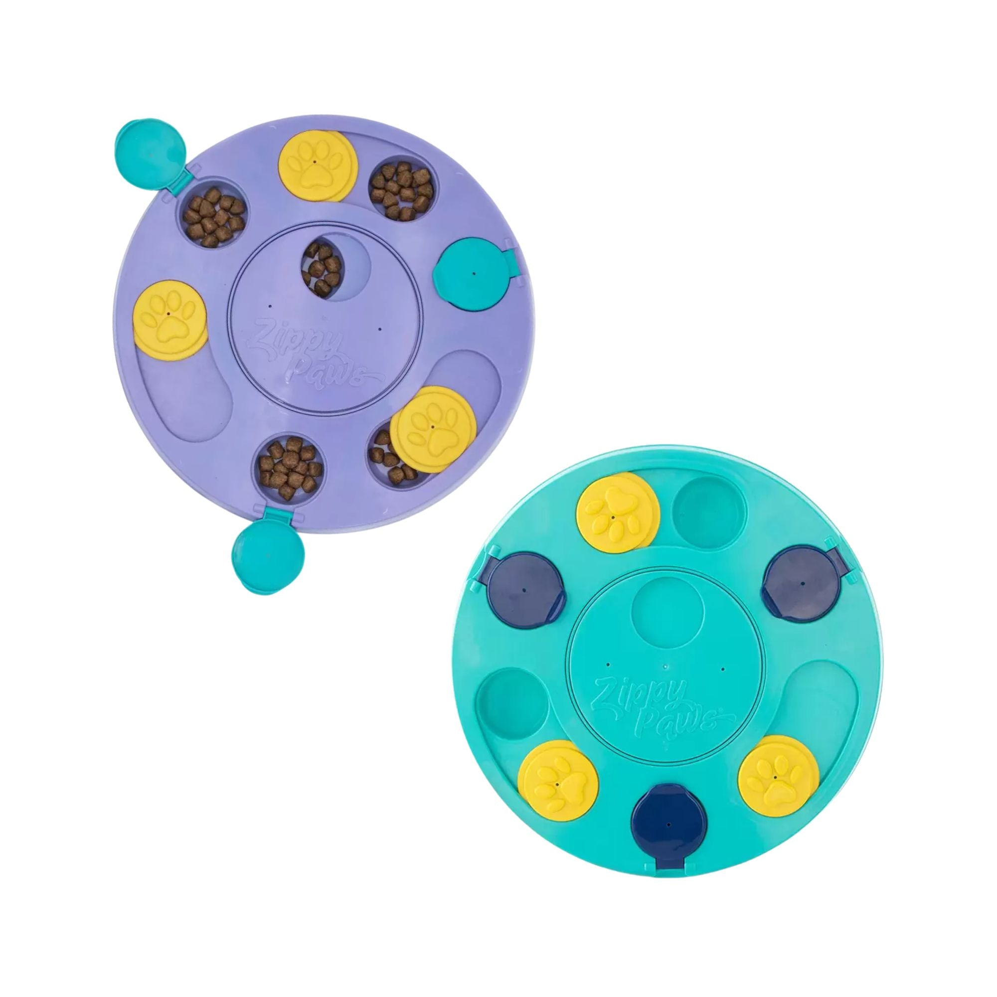 ZippyPaws SmartyPaws Puzzler dog puzzle toy shown in purple with kibble and teal colour options