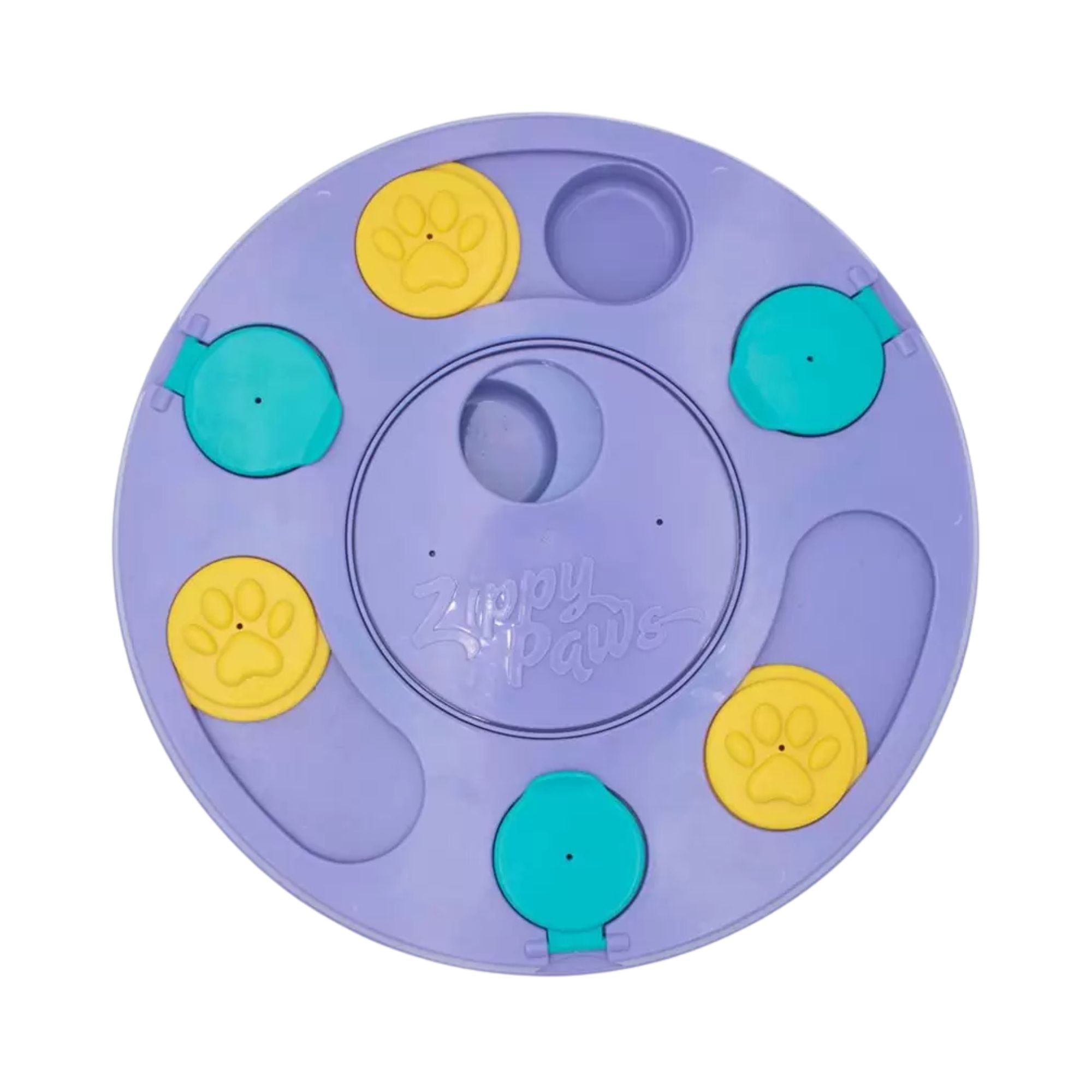 ZippyPaws SmartyPaws Puzzler dog puzzle toy in purple, top view with compartments closed