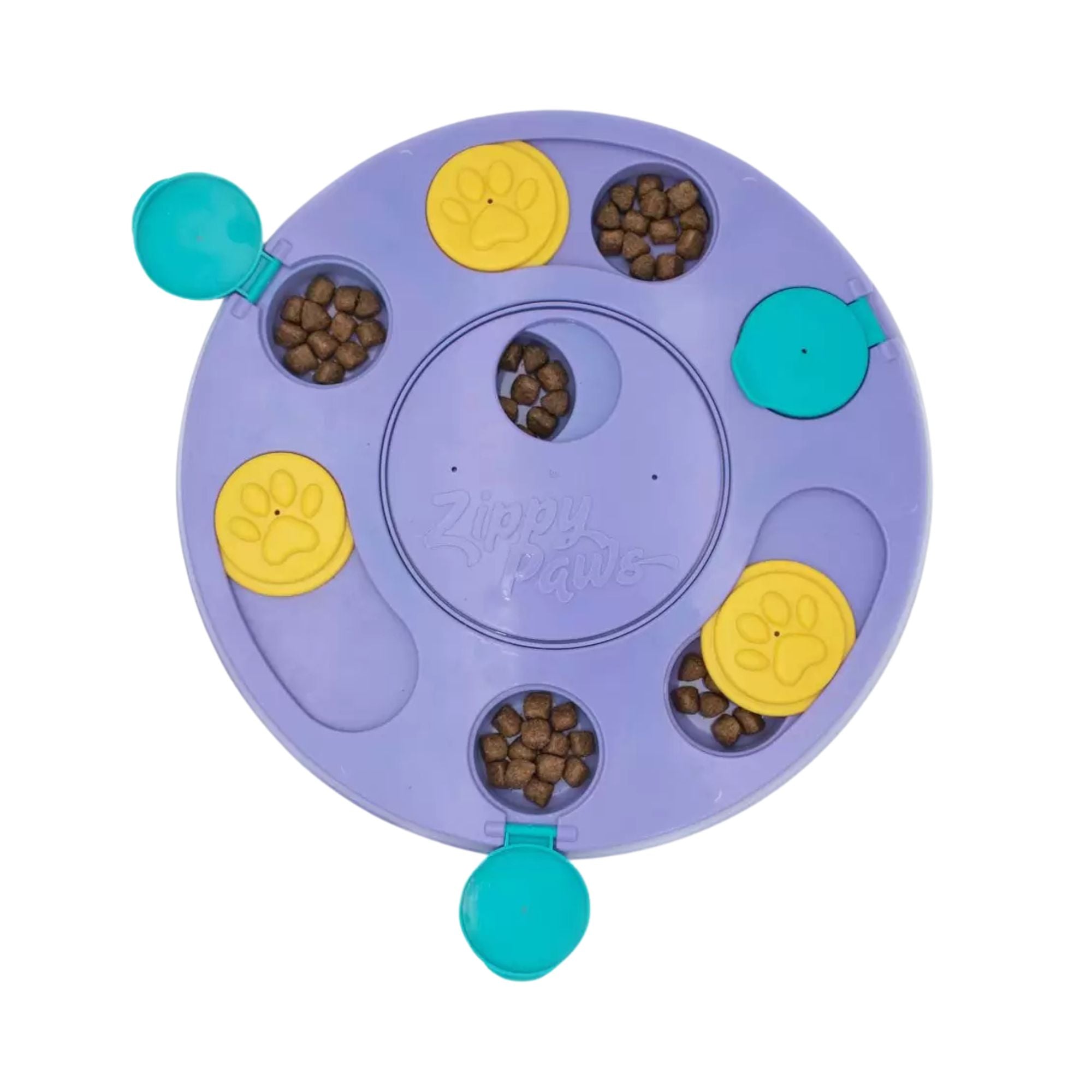 ZippyPaws SmartyPaws Puzzler in purple with kibble loaded into the slide, rotate and flip compartments