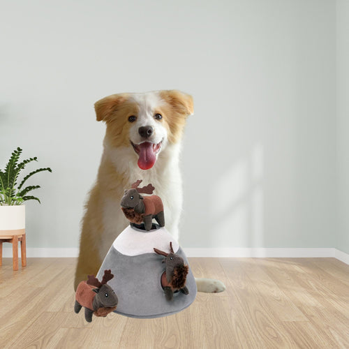 A happy dog sitting indoors behind the Elk Mountain plush burrow toy in a brightly lit Australian-style room featuring an indoor potted plant.