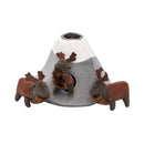 A plush grey and brown mountain burrow dog toy by ZippyPaws displayed with  its three separate mini squeaky plush elk toys.