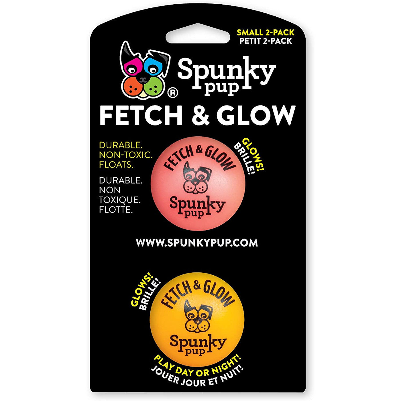 Spunky Pup Fetch & Glow Dog Ball, Small 2-Pack
