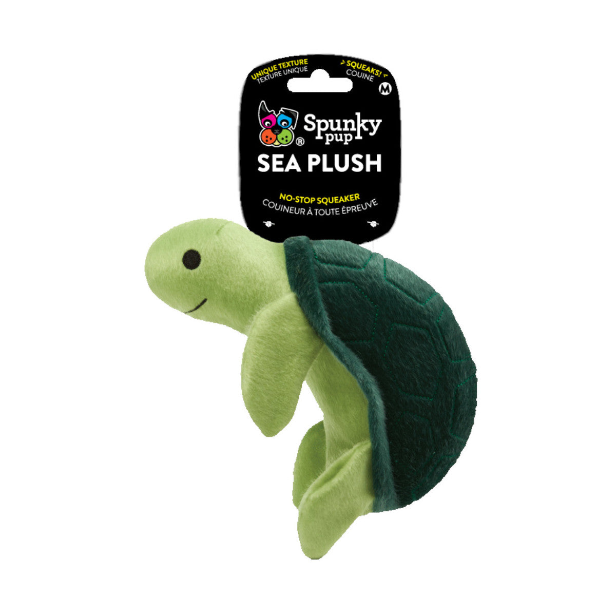 Spunky Pup Sea Plush Turtle Dog Toy, with Squeaker, Size Medium.