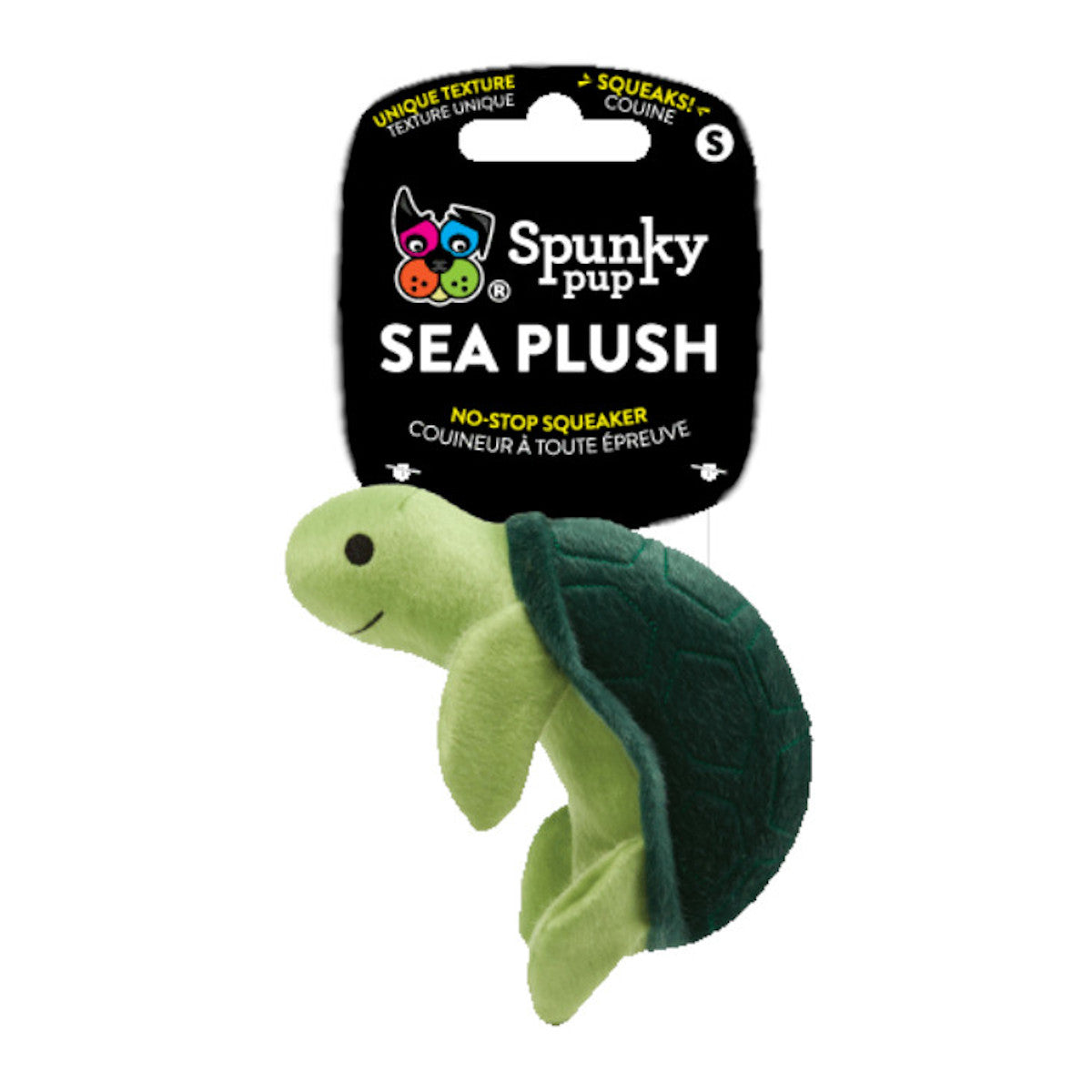 Spunky Pup Sea Plush Turtle Dog Toy, with Squeaker, Size Small.