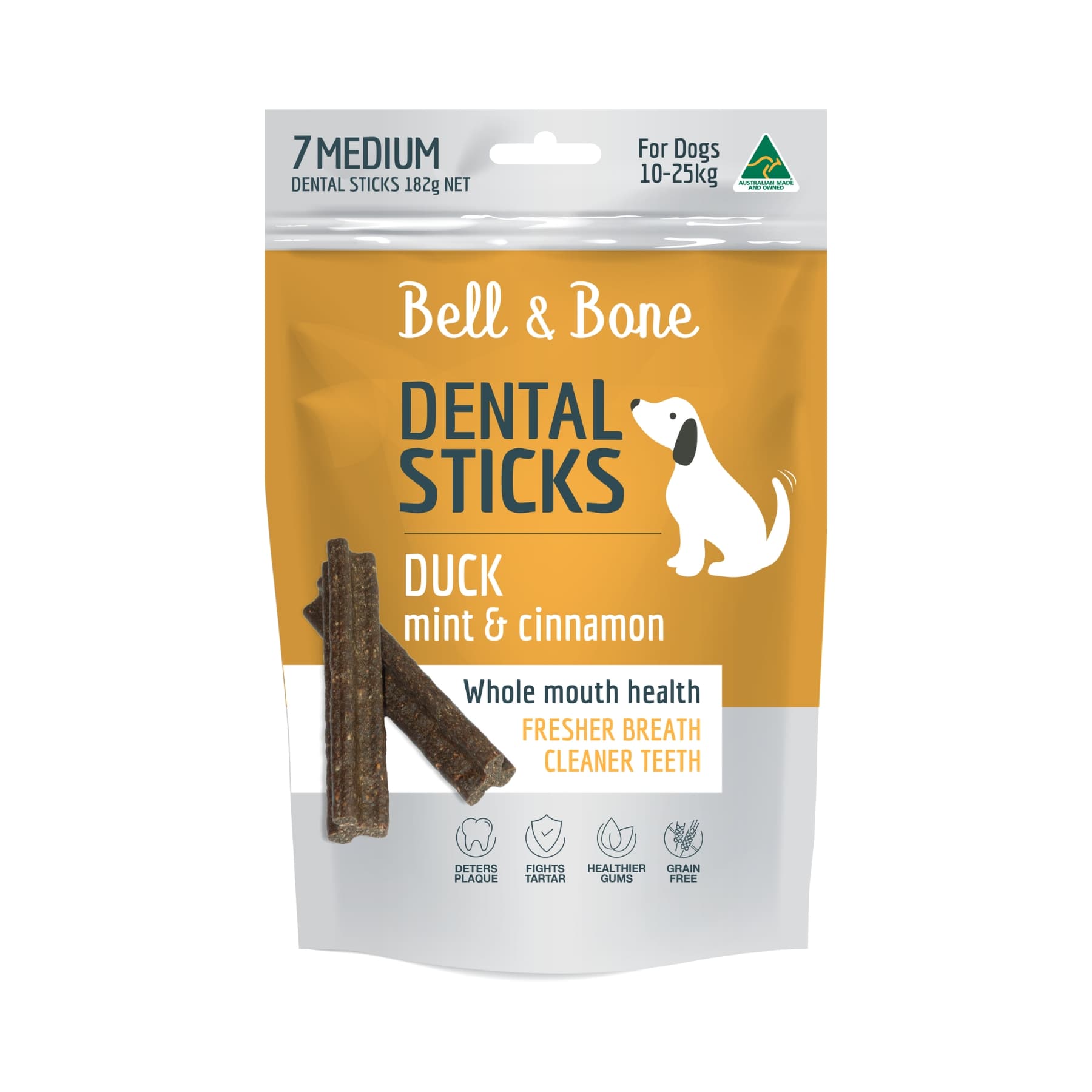 Bell & Bone Dental Sticks Duck, Mint & Cinnamon - Medium. Australian Made Dental Treats for Dogs.