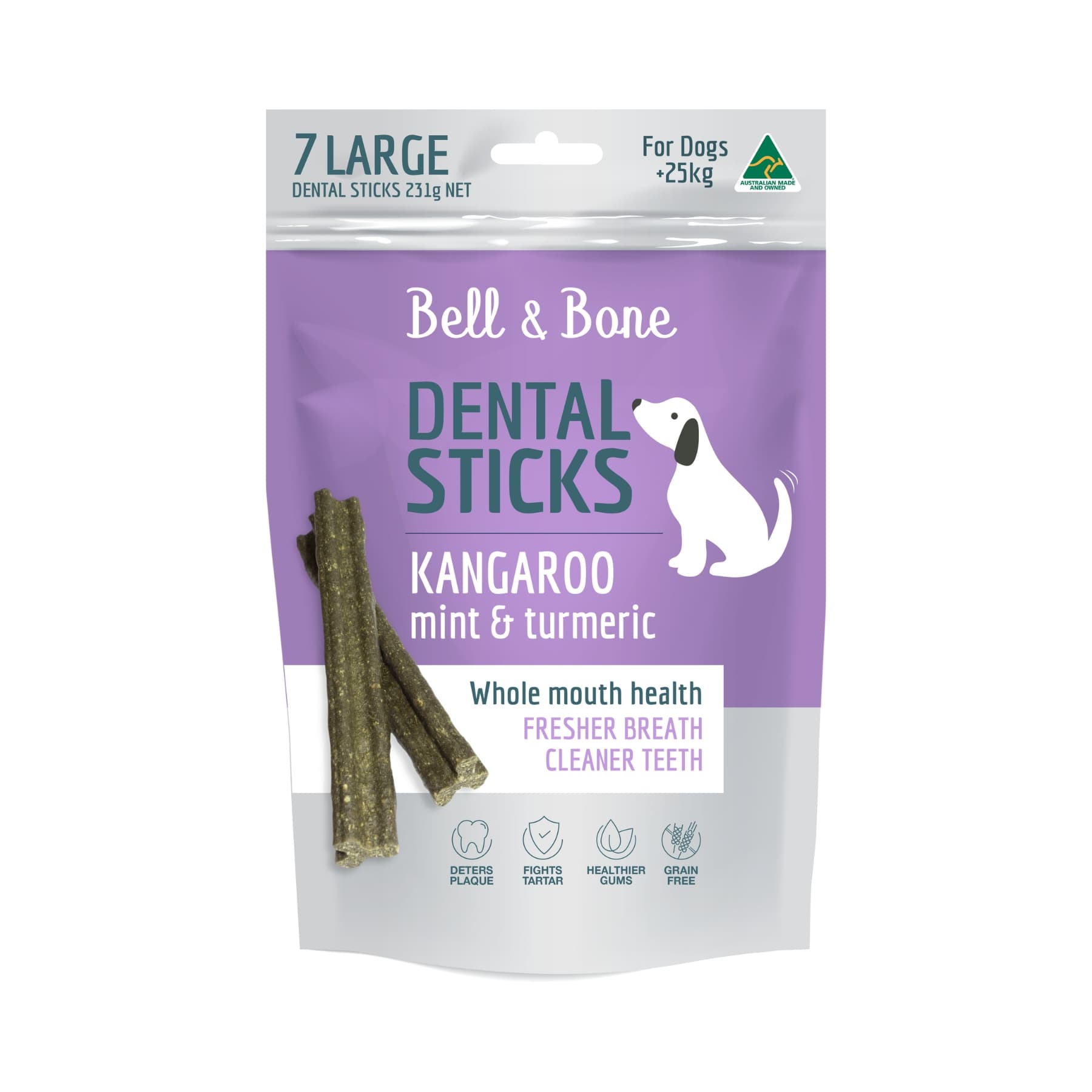 Bell & Bone Dental Sticks Kangaroo, Mint & Turmeric Large. Australian Made Dental Treats for Dogs