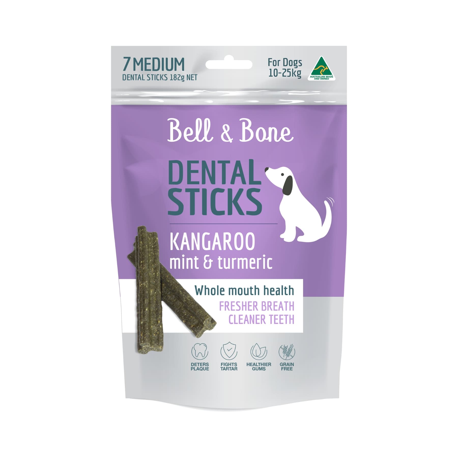 Bell & Bone Dental Sticks Kangaroo, Mint & Turmeric Medium. Australian Made Dental Treats for Dogs