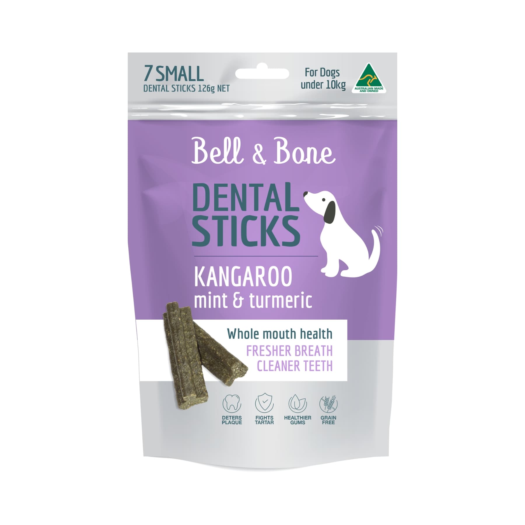 Bell & Bone Dental Sticks Kangaroo, Mint & Turmeric Small. Australian Made Dental Treats for Dogs
