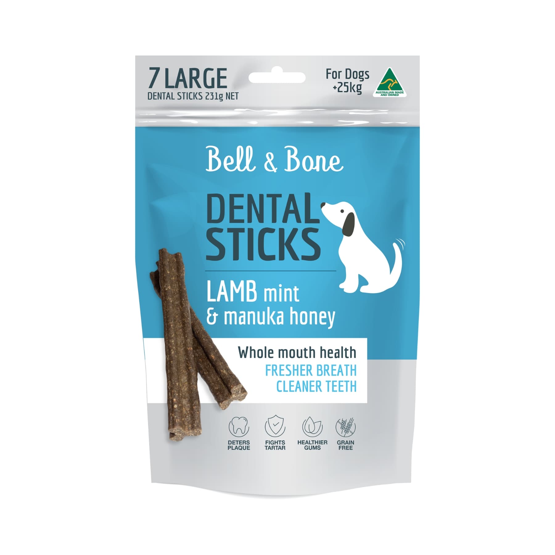 Bell & Bone Dental Sticks Lamb, Mint & Manuka Honey Large. Australian Made Dental Treats for Dogs.