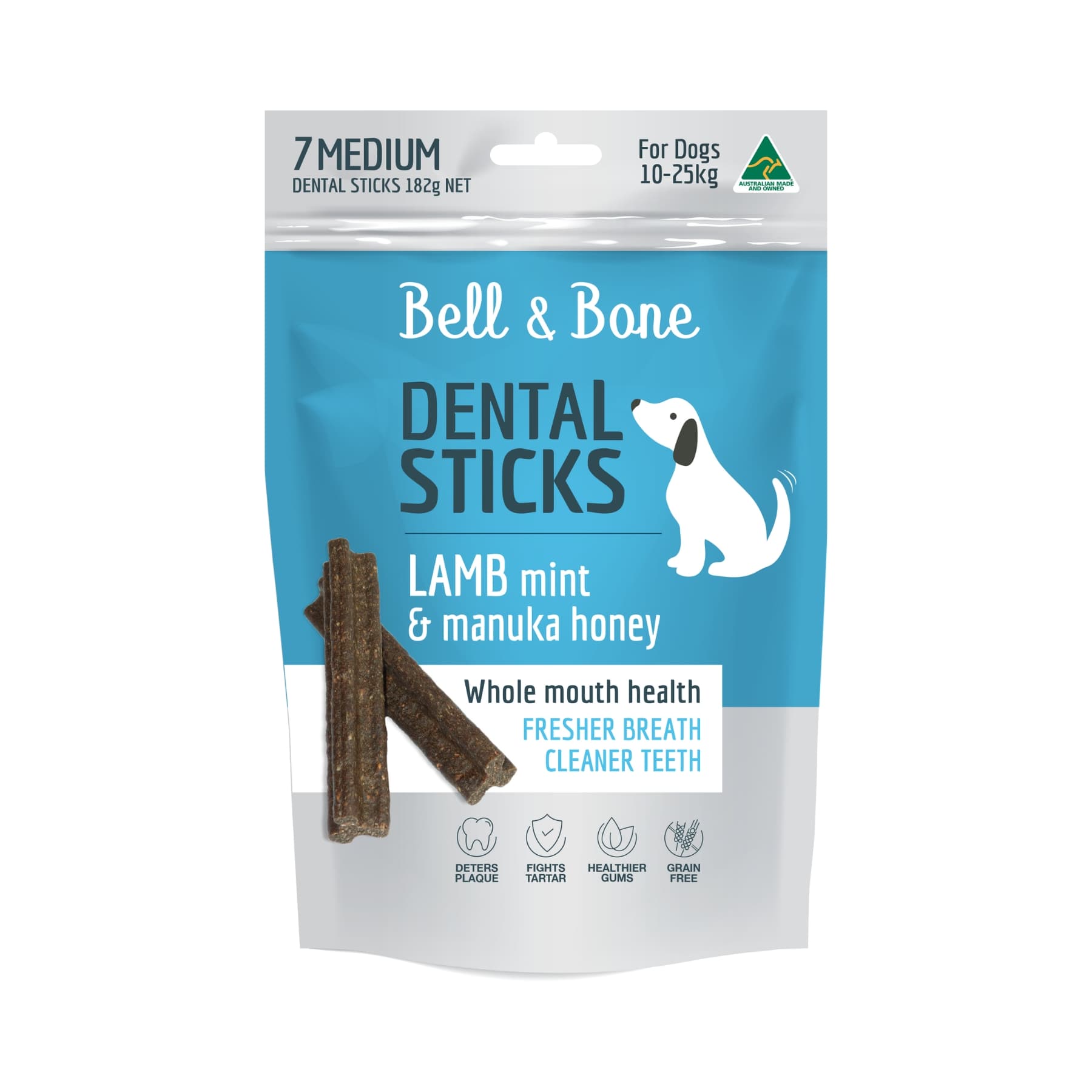 Bell & Bone Dental Sticks Lamb, Mint & Manuka Honey Medium. Australian Made Dental Treats for Dogs.