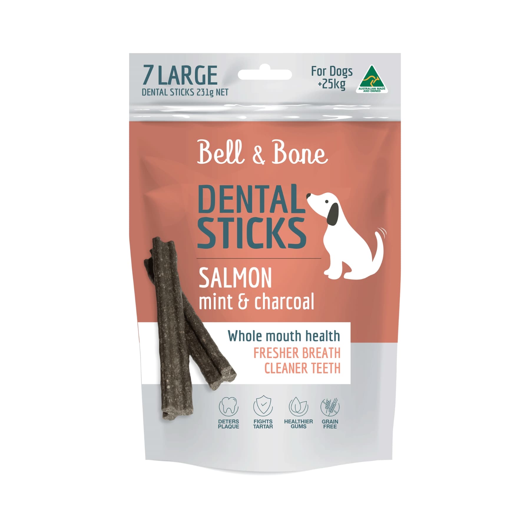 Bell & Bone Dental Sticks Salmon, Mint & Charcoal Large. Australian Made Dental Treats for Dogs.