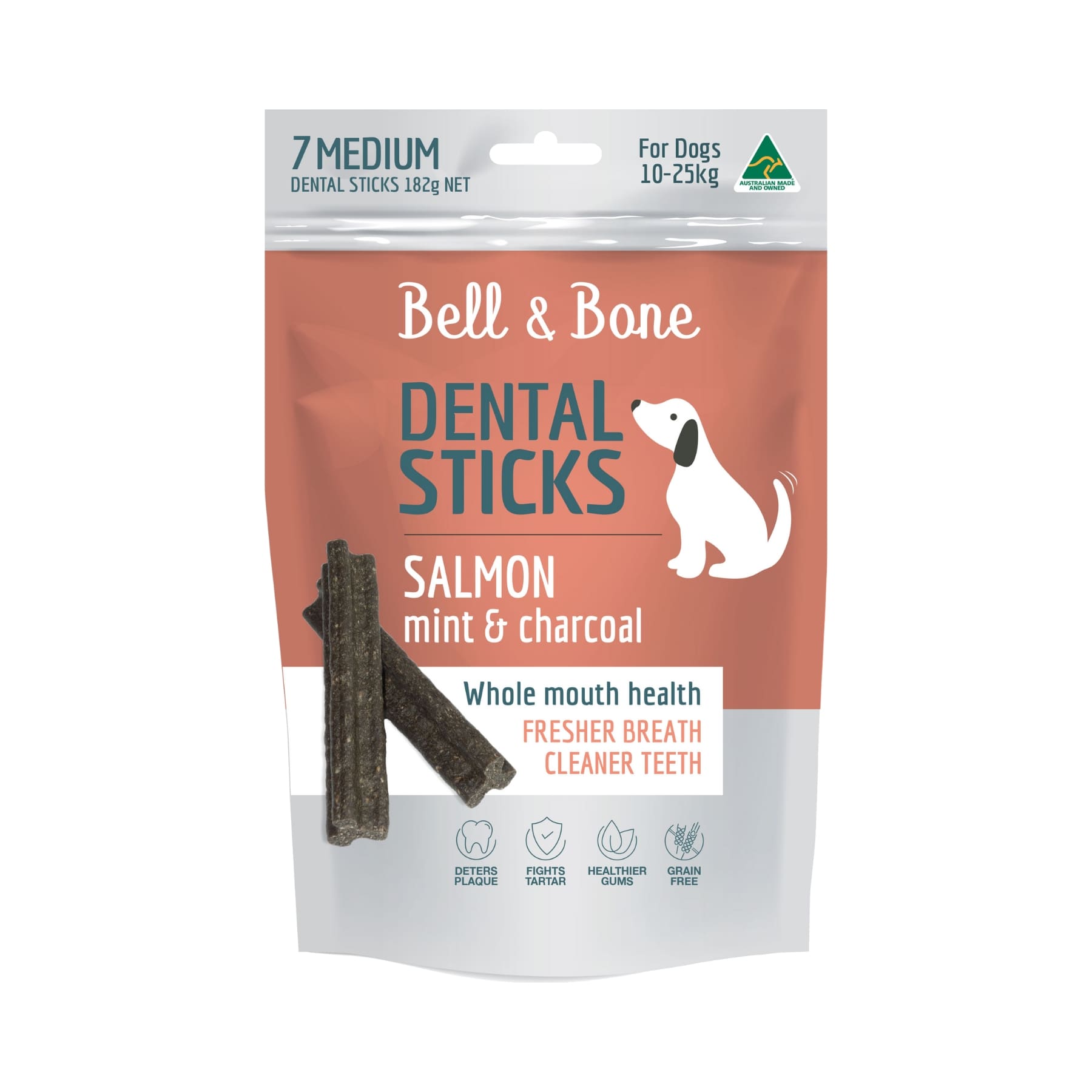 Bell & Bone Dental Sticks Salmon, Mint & Charcoal Medium. Australian Made Dental Treats for Dogs.
