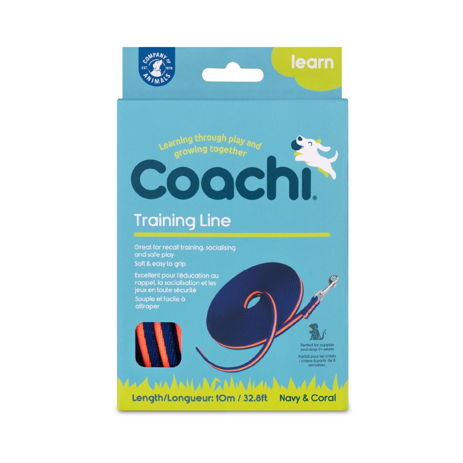 COACHI Training Line retail pack. 10m recall lead for dogs.